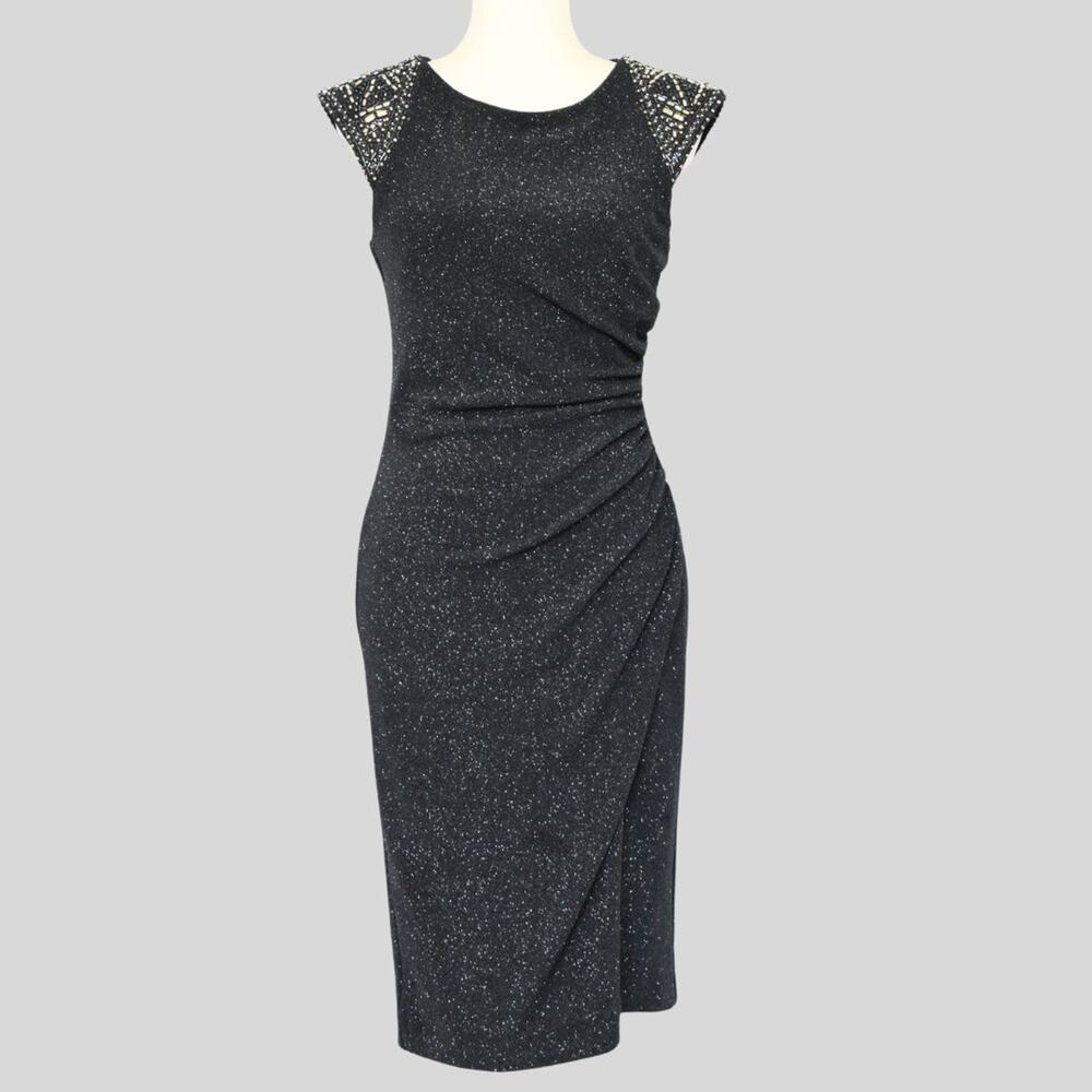 Vince Camuto Beaded Ruched Metallic Bodycon Dress Gray Size 8